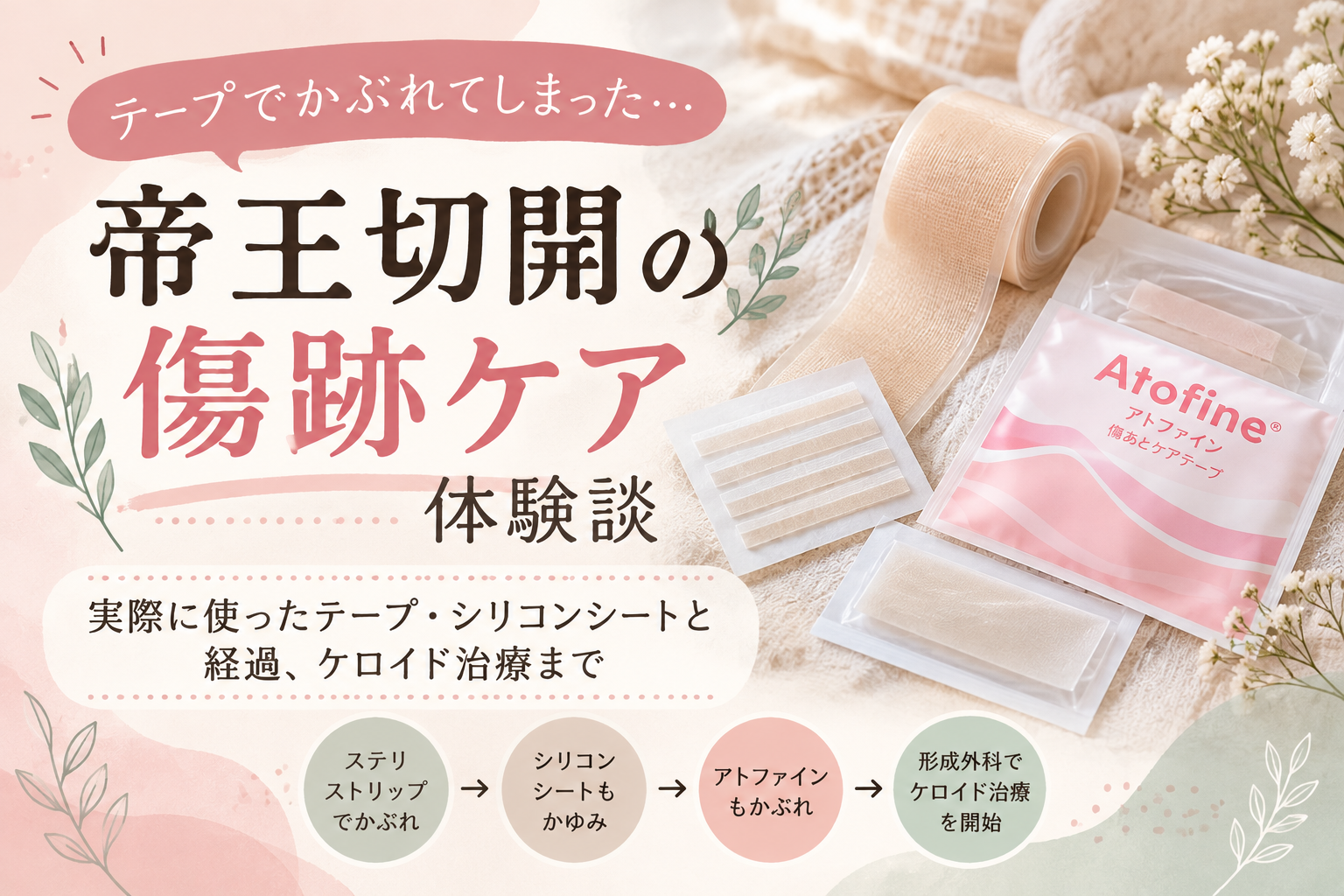 帝王切開後に使用した傷跡ケアテープ・シリコンシートと、かぶれやケロイド治療の体験談を紹介するアイキャッチ画像